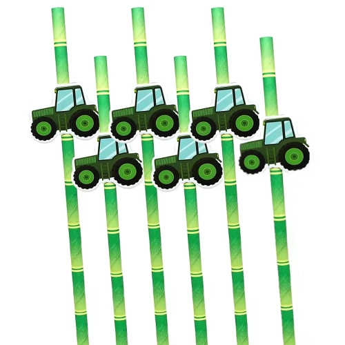 SŁOMKI RURKI PAPIEROWE dekoracje urodzinowe FARMA traktor zielony 6szt